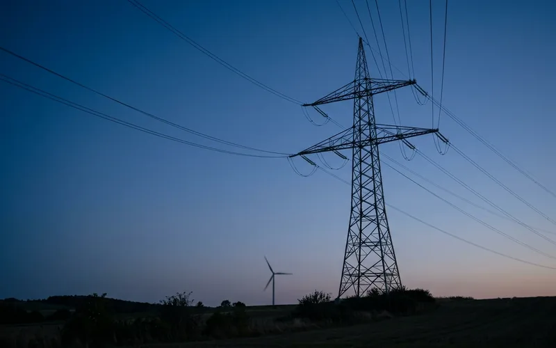 夕暮れの送電鉄塔と風力発電機
