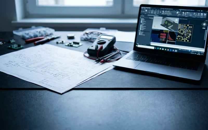 回路図、ノートPC、テスターを置いた電気設計者のデスク