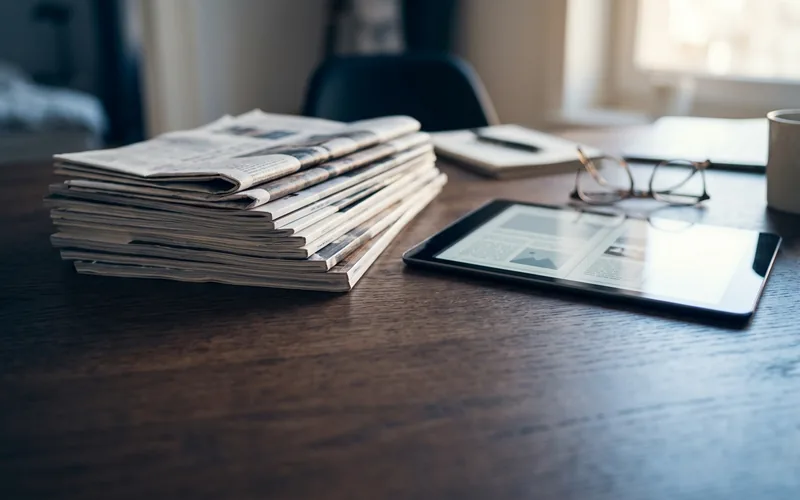 デスクに積まれた新聞とタブレット、眼鏡